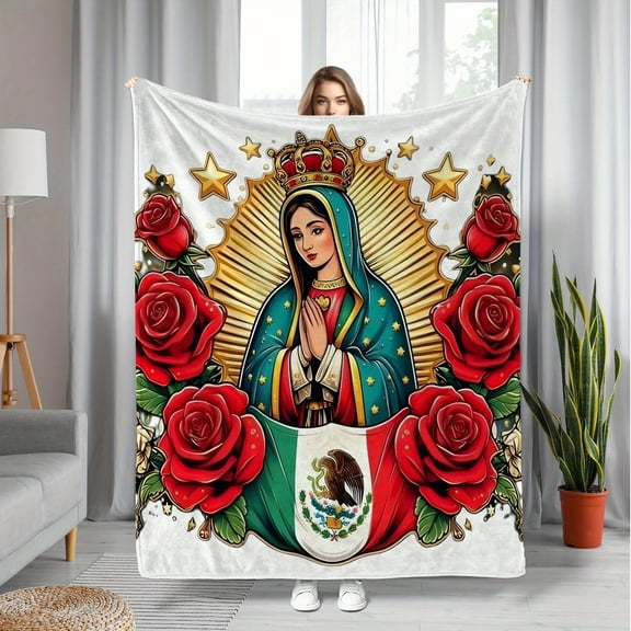 Virgin Mary Guadalupe Print Flannel Throw Blanket, Soft, Cozy, All-Season Knitted Polyester Bedding, Digital Print, with for Sofa, Mattress, Office, Car, Camping, Travel, Home Decor