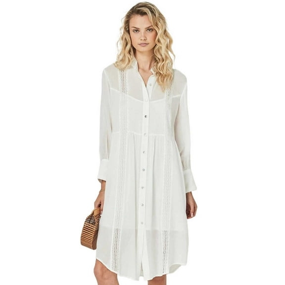 EDOLYNSA 2024 Causal White Mandarin Collar Front Open Long Sleeve Summer Beach Dress Tunic Women Clothing Beachwear Midi Dresses