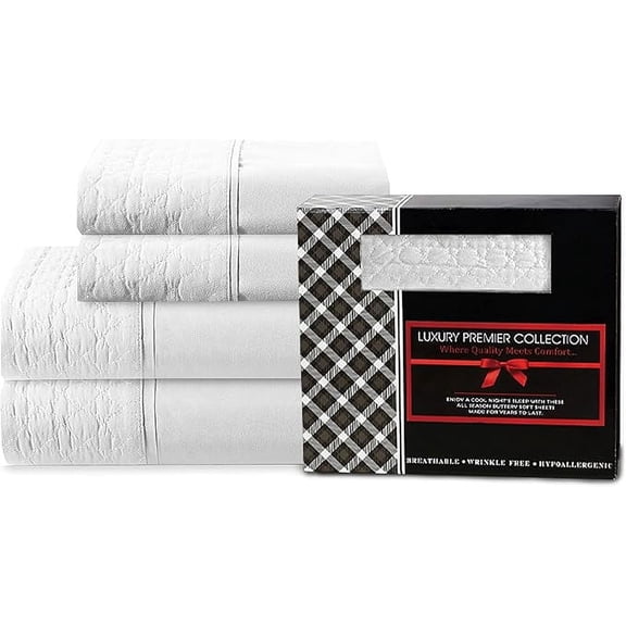 Elegant Comfort 4-Piece Quilted Bed Sheet Set - Gift Box - 1500 Series Softness - Wrinkle Resistant - All Around Elastic Fitted Sheet, Deep Pocket, Twin, White
