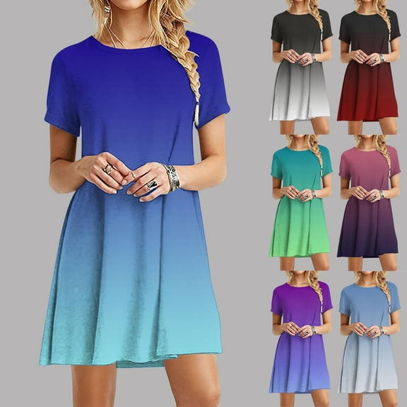 pstuiky Womens Dresses, Gradient Print T Shirt Dresses for Women Mini Dresses Dressy Short Sleeve Crew Neck Party Dresses for Women Vintage Dress Black L