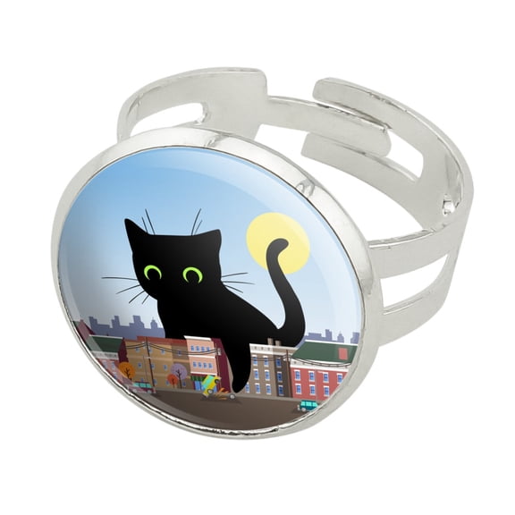 Giant Black Cat Playing with Cars Silver Plated Adjustable Novelty Ring