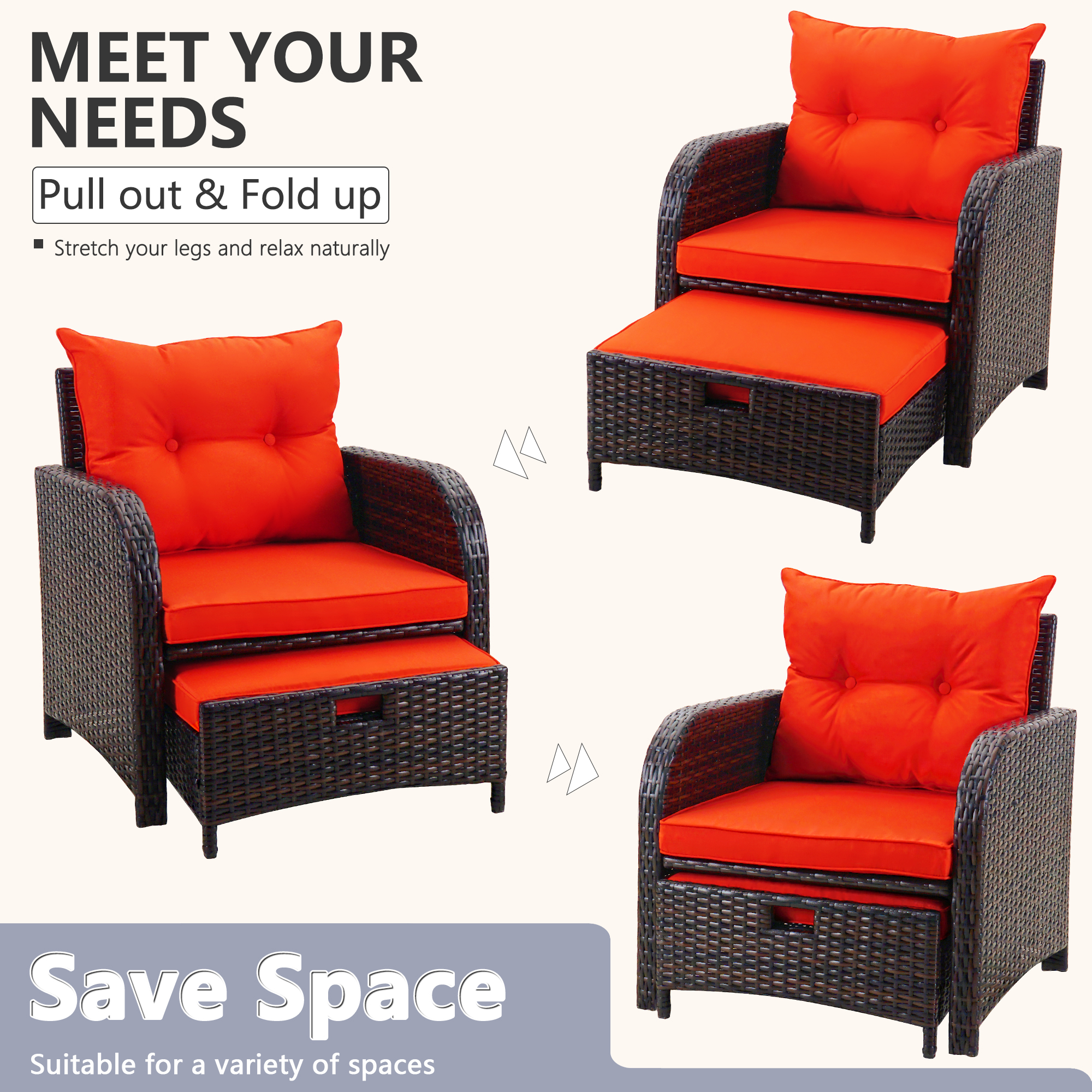 5 Piece Rattan Outdoor Patio Furniture Set, 5 Pieces Wicker Outdoor Patio Chairs Set with Ottoman, Orange