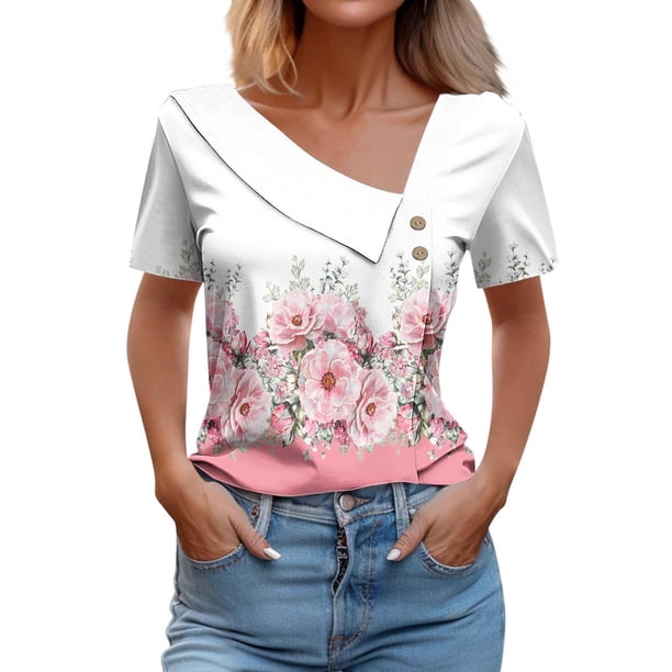 Camisetas de Manga Corta para las Mujeres Impresas Primavera Verano Botón de la Camiseta Casual, Camisetas de Mujer Casual