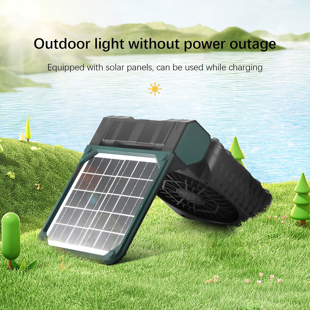 Solar Camping fan, 10000mAh Camping Fan with Solar Panel, LED Light, 4 Speeds 3 Timers Pivot 90 , USB Rechargeable Solar Powered Fan for Camping, Fishing, Travel