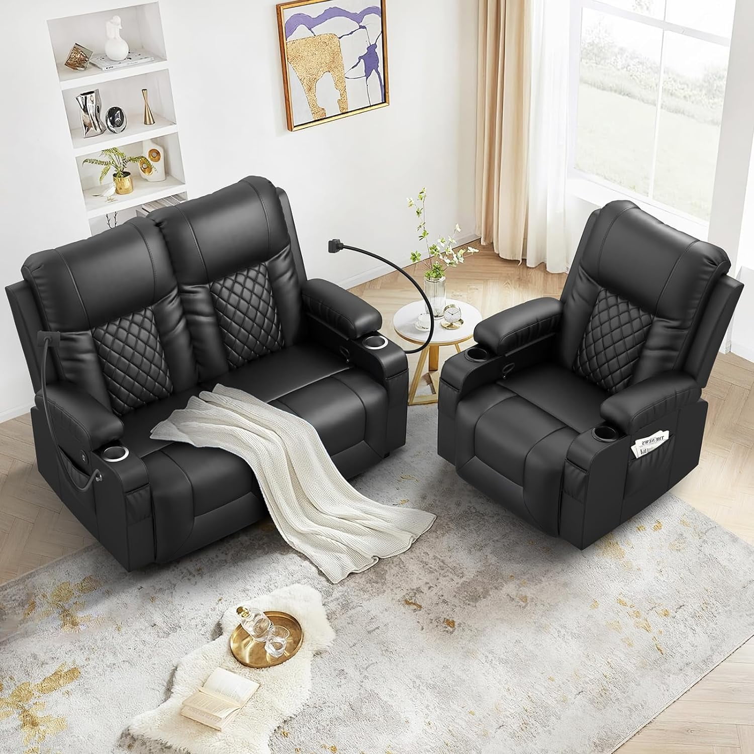 LOBERFVE Living Room Furniture Set, Loveseat Recliner 2 Seater and 360 Swivel Recliner Chair with Heat and Massage, Luxury Reclining Sofa 2PC Set for Living Room