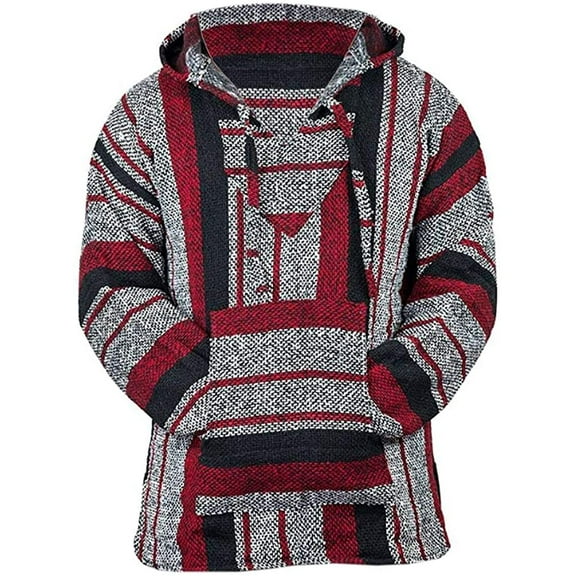 Mexican Baja Hoodie Sweater Jerga Pullover Red Gray Medium