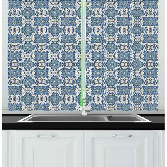 Ambesonne Mandala Kitchen Curtains, Repeating Form, 55"x39", Reseda Green Pale Blue