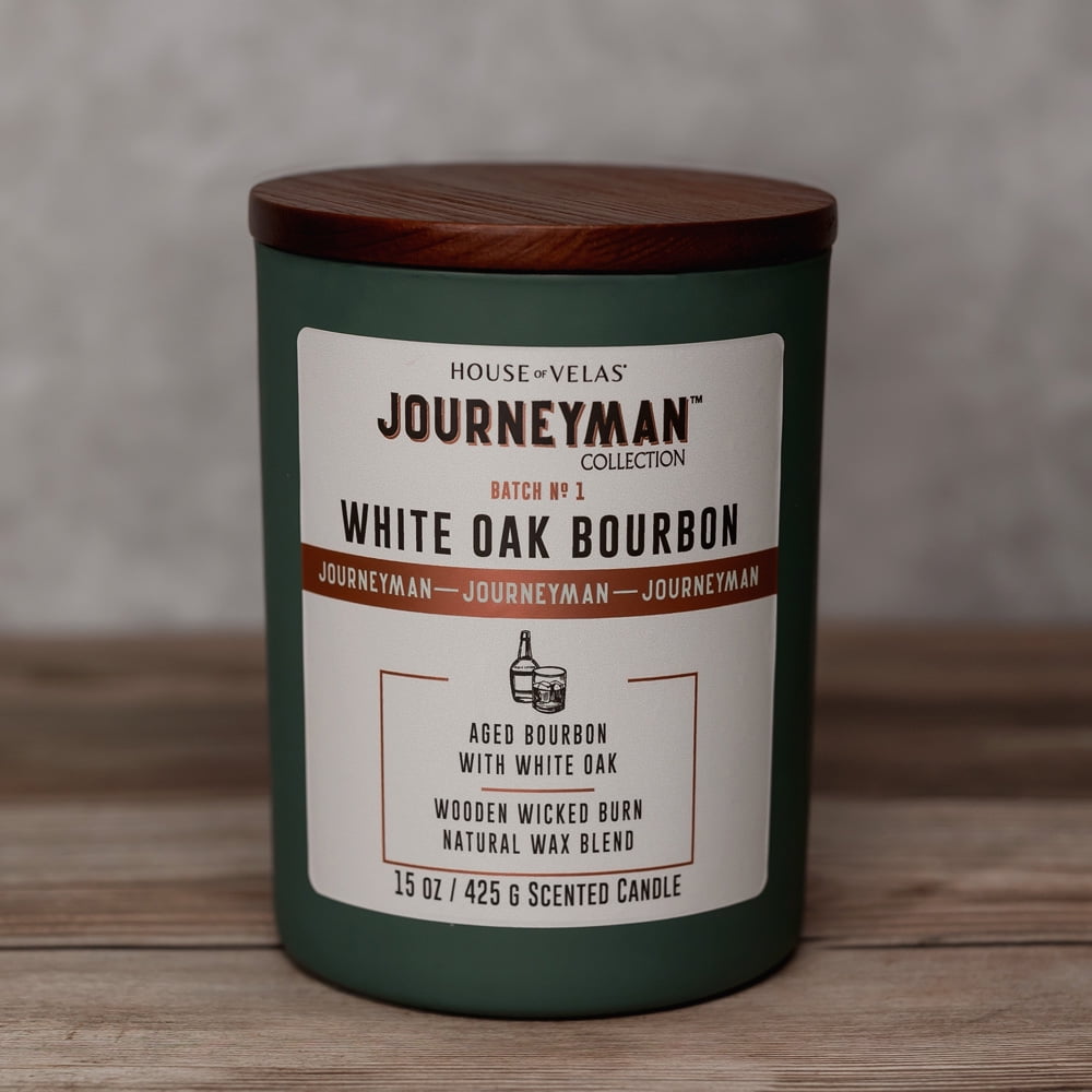 House of Velas, Journeyman Collection, White Oak Bourbon Scented Candle, 15oz, Wooden Wick