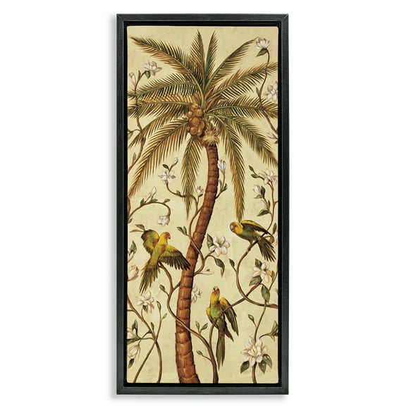 Stupell Industries Parrots & Curvy Palm Tree Plants & Flowers Painting Black Floater Framed Canvas Art Print Wall Art, 11 x 25