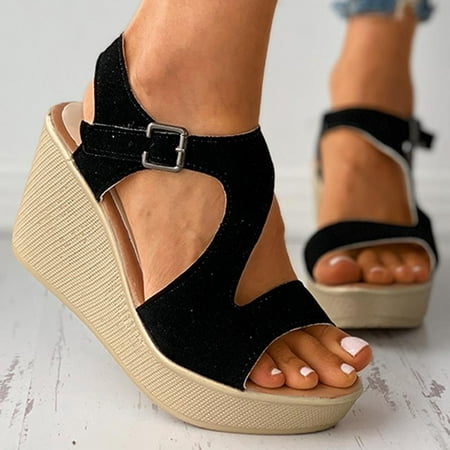 

uikmnh Women Shoes Women Wedge Buckle Sandals Thick Sole Sandals Fashion Versatile Fish Mouth Breathable Wedge Slippers Sandals Black 8.5