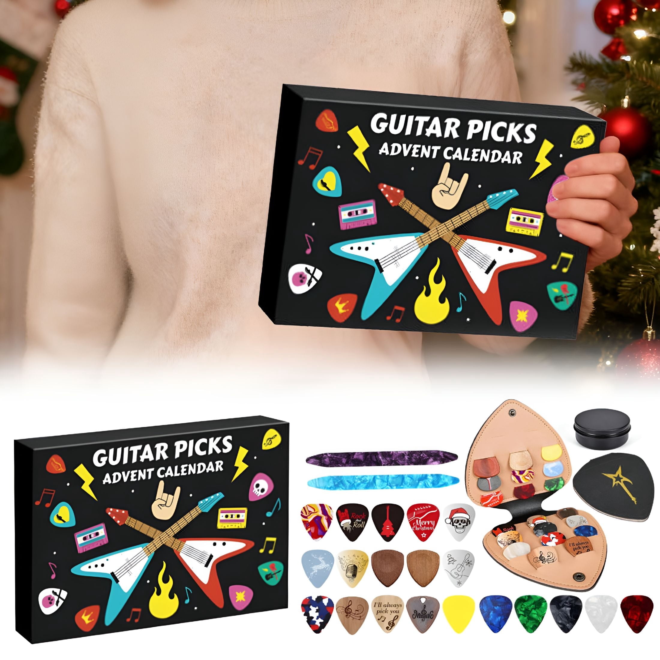 BESTSKY 2026 New Guitar Player Advent Calendarwith 22 Picks and Pick Holder,Christmas Countdown Calendar for Music Lovers,Bass Ukulele Themed Christmas Advent Calendar Gift