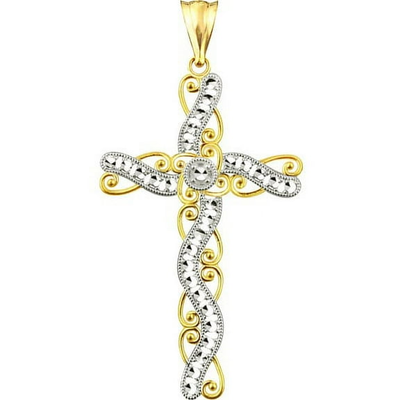 Handcrafted 10kt Gold Diamond-Cut Ribbon Swirl Cross Charm Pendant