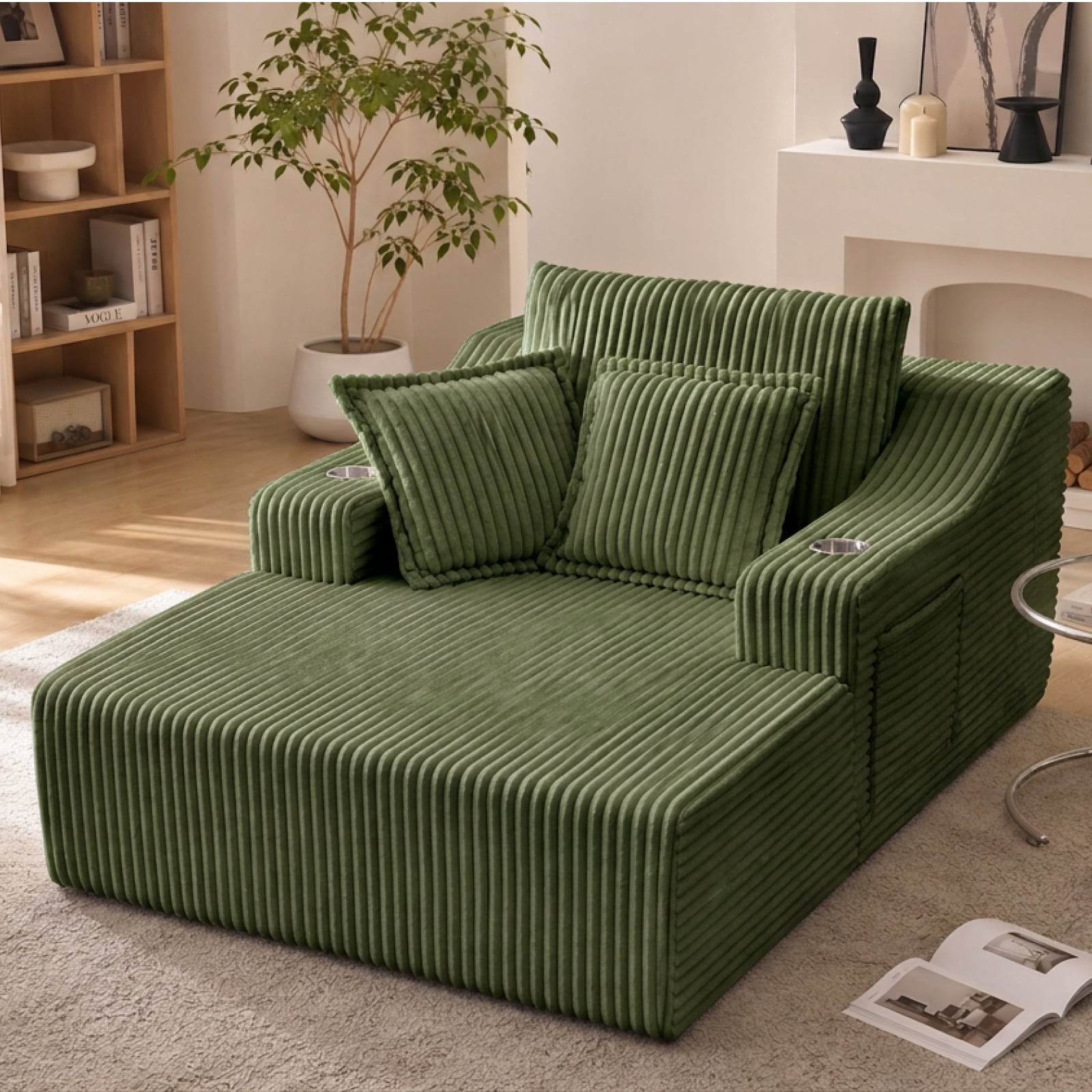 47" Wide Oversized Single Chaise Lounge Chair, 67'' Sleeper Sofa Bed with Cup Holders & 3 Pillows