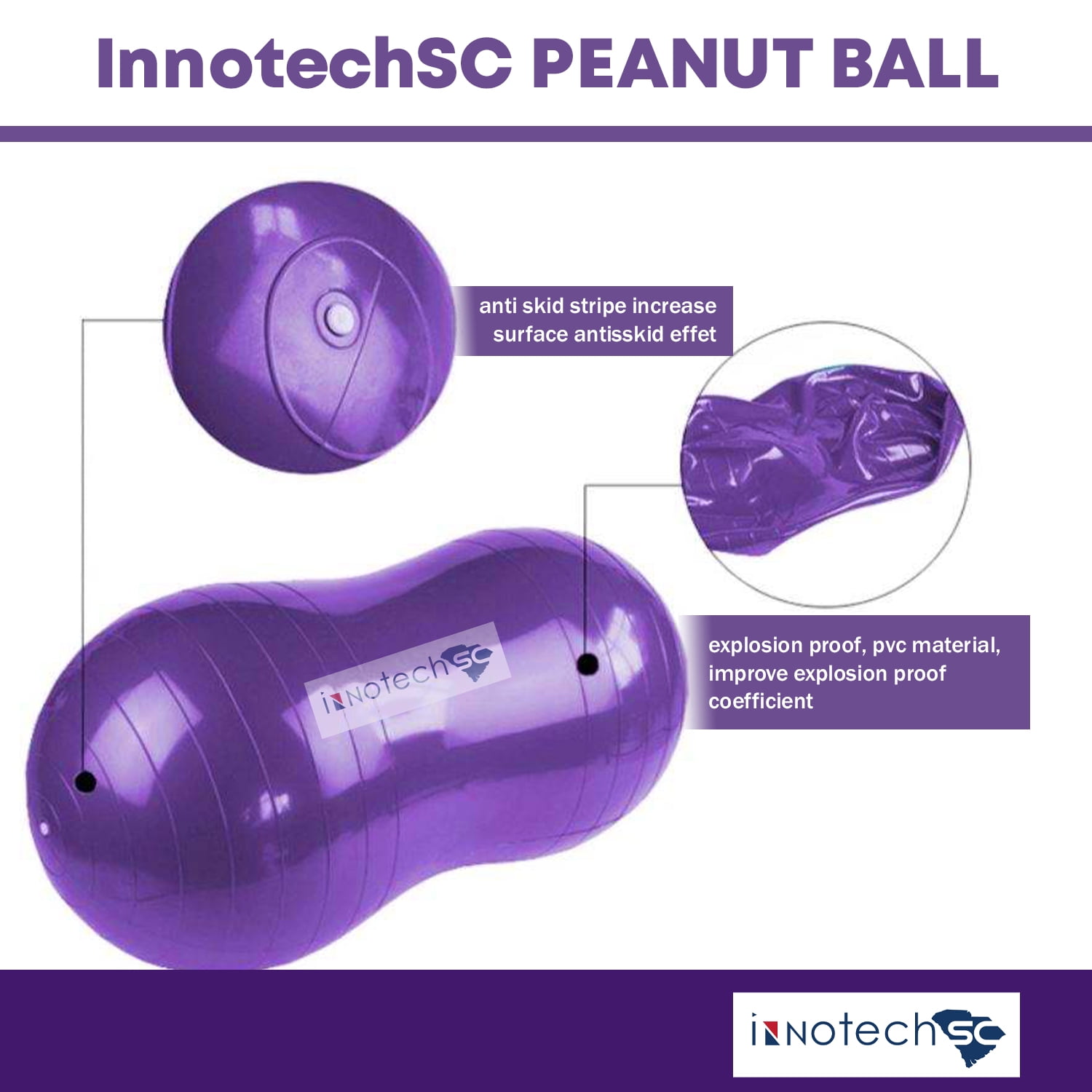 InnotechSC Peanut Ball – Anti-Burst Exercise Ball for Labor, Physical Therapy, Kids, Core Strength, Flexible Seating, Home & Gym Fitness, Sensory Chair Wiggle Seat (Includes Pump)- Purple