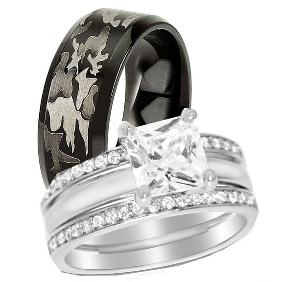 His & Her Sterling Silver 1 Carat CZ Bridal Set & Men's Black Wedding Band Hers 5 His 13