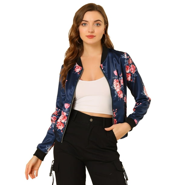Dde San Patricio ChaqueDe Bombardero Floral LigeCon CremalleY Cuello Alto PaMujer Azul oscuro M