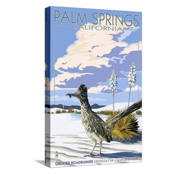 Art.com Palm Springs, California - Roadrunner Scene Stretched Canvas Print Wall Art by Lantern Press, 12" x 18"
