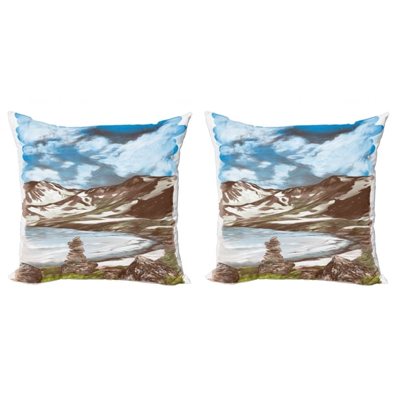 Ambesonne Landscape Throw Pillow Cover 2 Pack, Snowy Mountains and Lake, 16", Avocado Green Brown