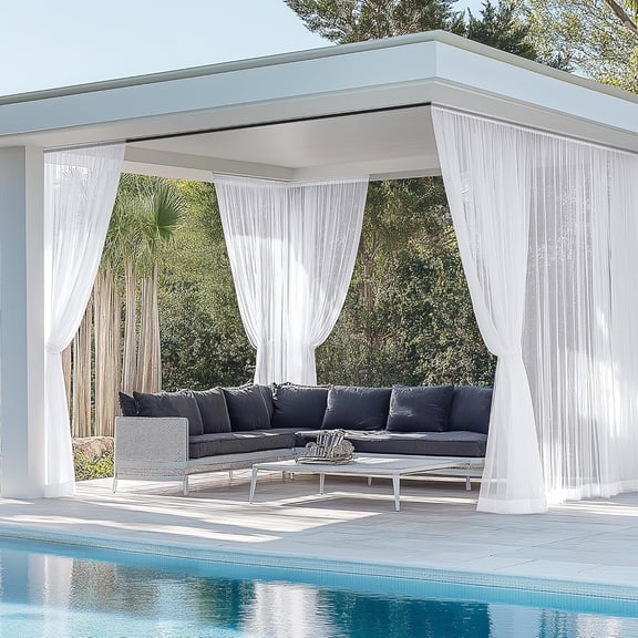 4 Panels White Outdoor Sheer Curtains, W54 x L84 Waterproof Light Filtering Voile Drapes, Rod Pocket Patio Curtains for Porch, Gazebo, Pergola, Pavilion