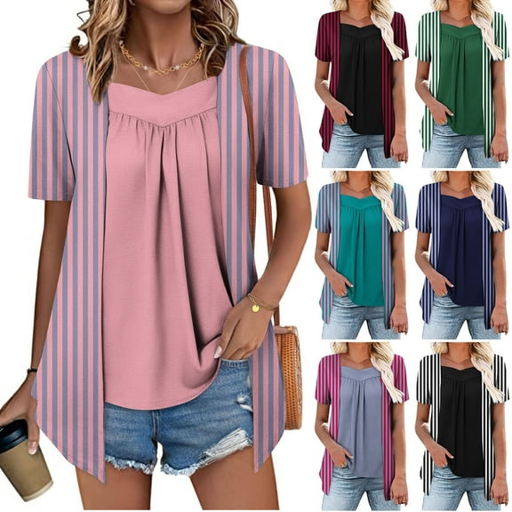 Olyvenn Fashion Womens Lace Tops Pleated Short Sleeve Striped Shirts Summer Business Casual Dressy Blouses Summer Trendy Black L