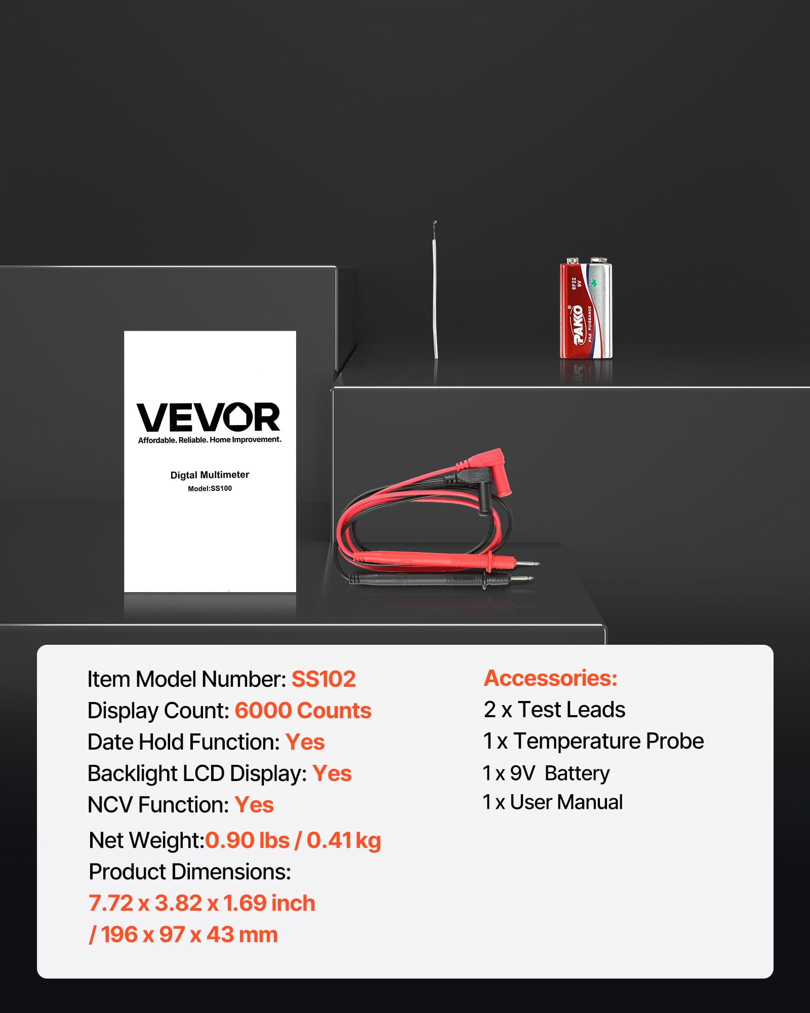 VEVOR Digital Multimeter,6000-Count TRMS DC/AC Voltmeter Current Tester,Professional NCV Multimeter for Current Voltage Resistance Capacitance Duty-Cycle Tempetature Diodes Continuity Live Wire Test