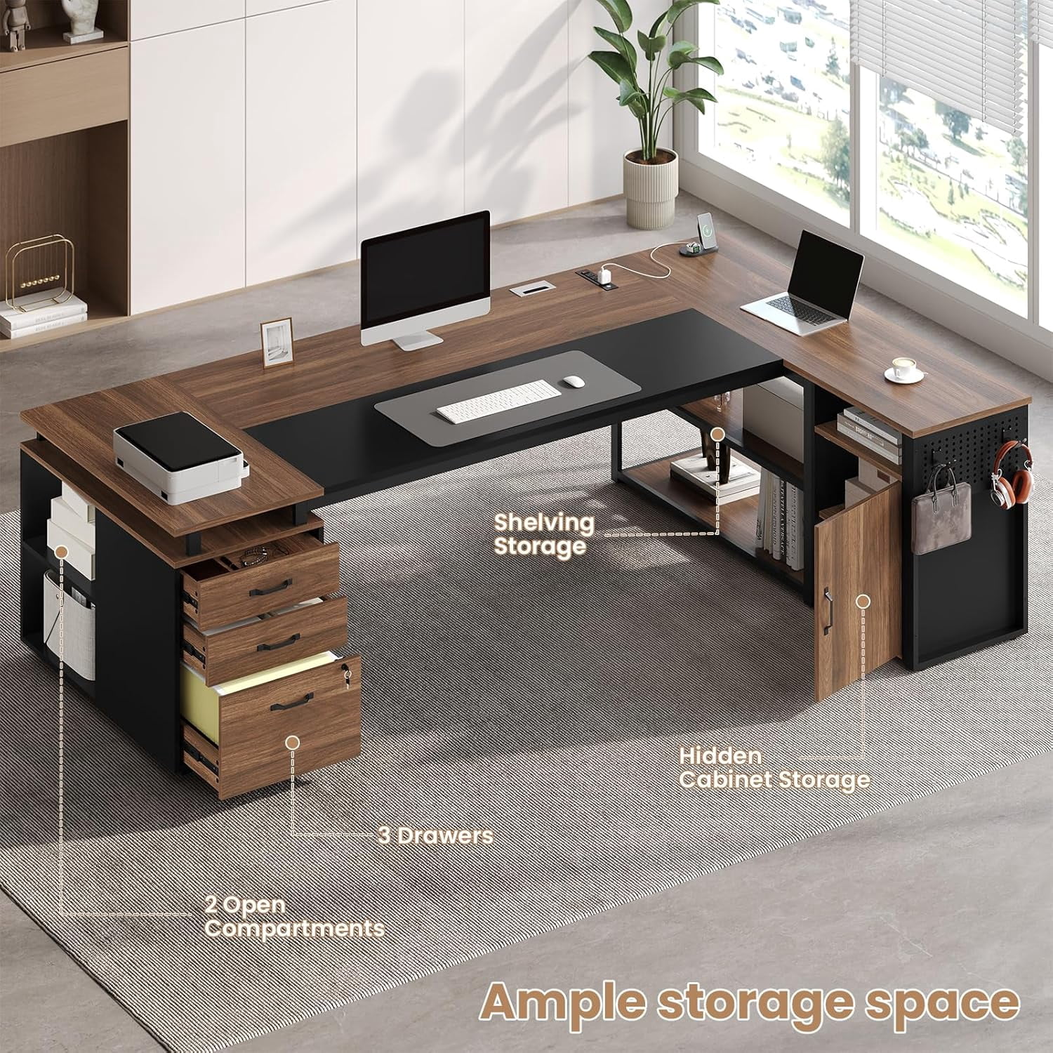 78" Executive Desk with Lockable File Cabinet, L Shaped Executive Desk with Power Outlets, Reversible Computer Desk with Drawers, Storage Shelves and Privacy Screen, Walnut