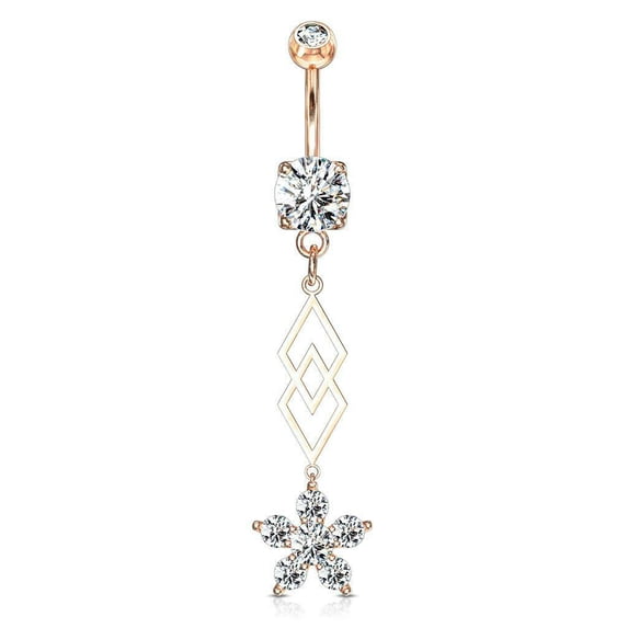Belly Button Ring with Six CZ Flower Dangle Surgical Steel 14g