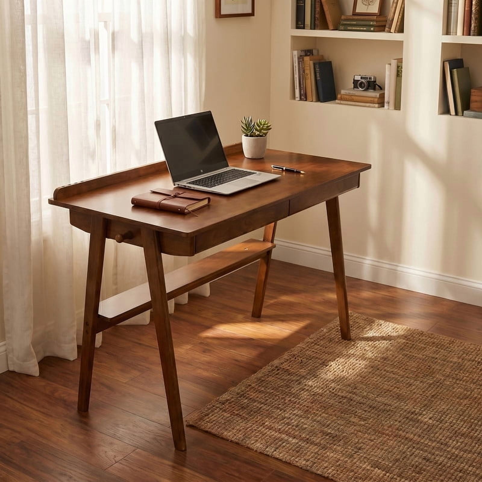 iooHug Mid Century Modern Writing Desk, Solid Wood Home Office Desk with 2 Drawers, Storage Shelf and Side Hooks