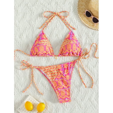 MORTTIC Womens Two-Piece Thong Bikini Set Sexy Halter Triangle Swimsuit with Adjustable String Bathing Suit  L