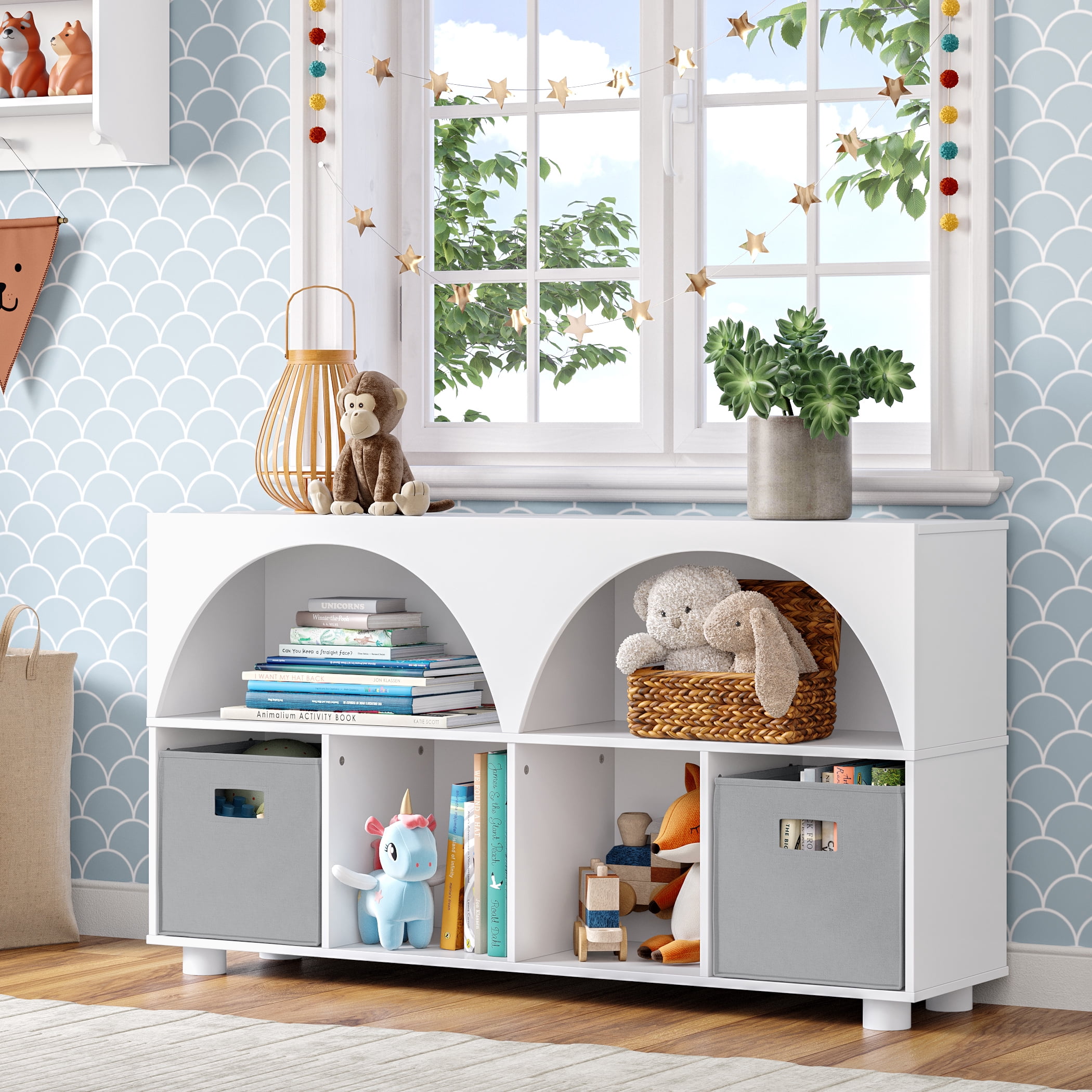 RiverRidge Kids Curve Appeal 46in Arched Bookcase with Cubby Storage Shelf and 2 Gray Bins