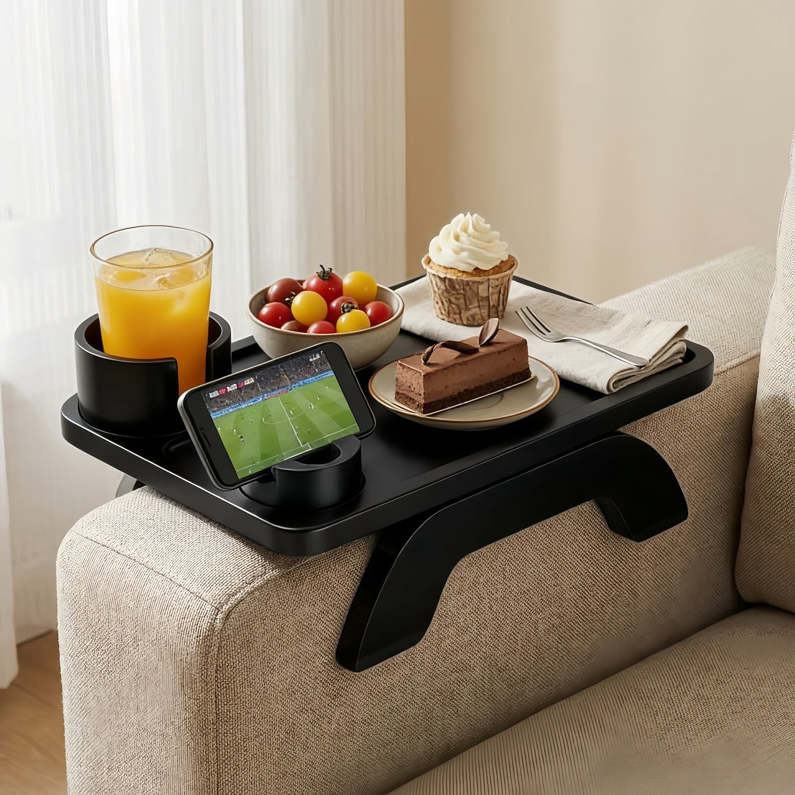 Kelno Couch Armrest Tray 3 in 1 Sofa Arm Tray Table with Swivel Cup Holder Phone Stand, Black