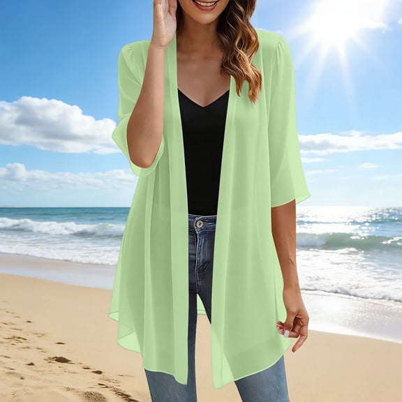 HongQid Womens Chiffon Kimono Cardigan Lightweight Sheer 3/4 Sleeve Open Front Cover Up Asymmetric Hem Layering Shawl for Summer Beach