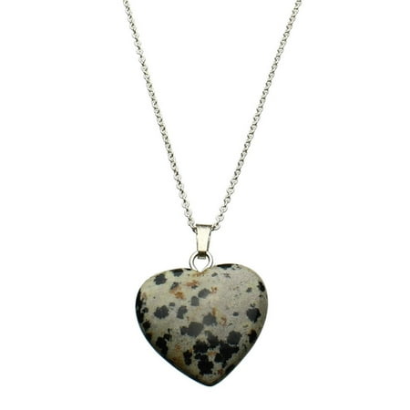 Ocean Jasper Pendant - Dalmatian Jasper Stone Heart Pendant Sterling Silver Cable Chain Necklace 18