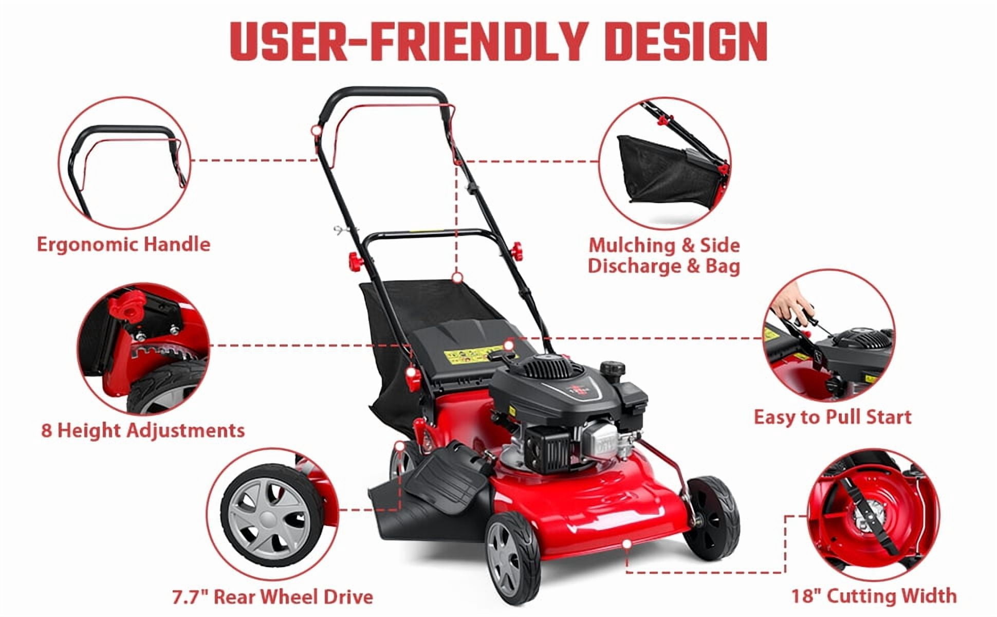 Lawn Mower Happydeer 131cc Gas Self-Propelled Lawn Mower, 3 in 1Rear Wheel Drive with 50L Grass Catcher Bag, 46cm Cutting Width, Big Wheels