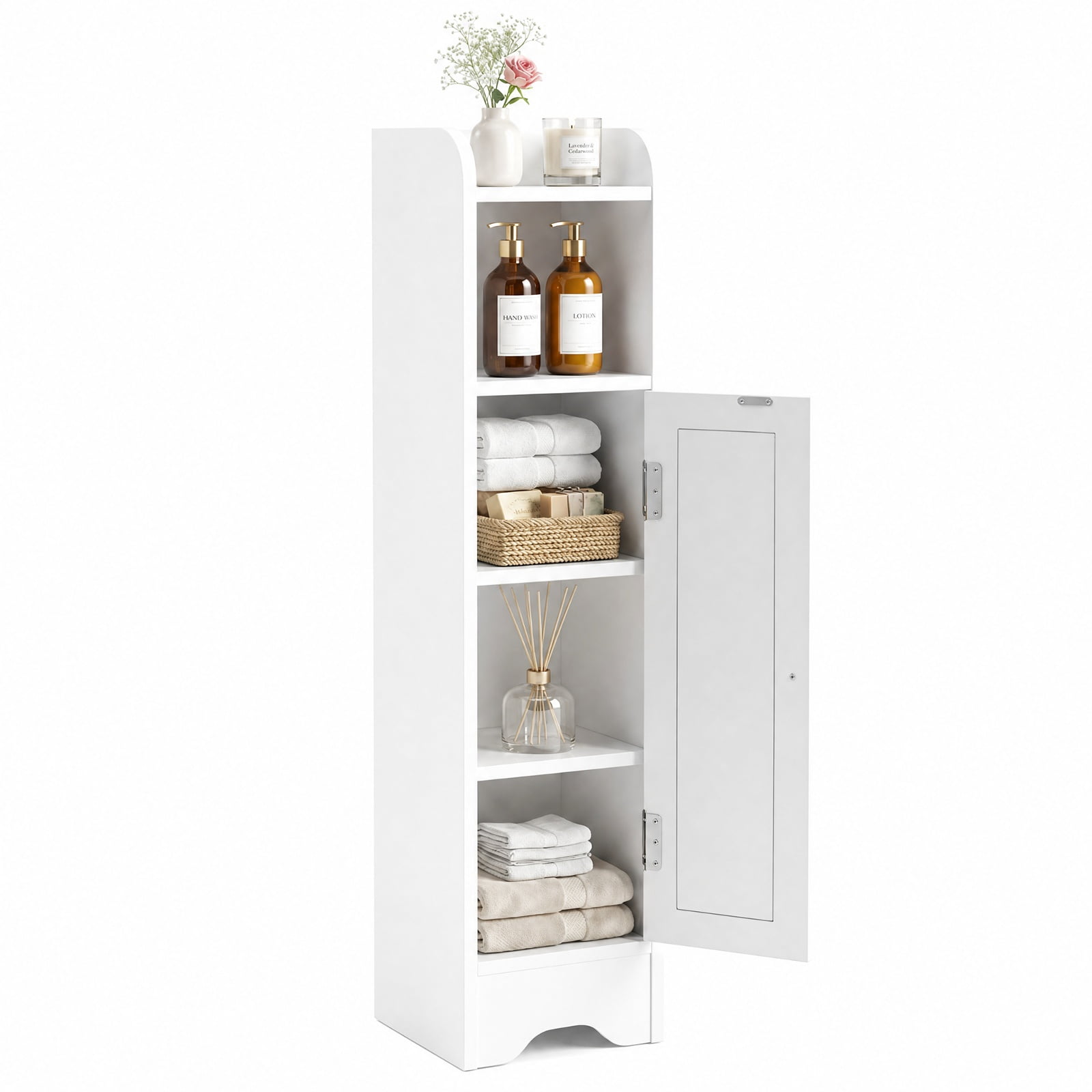 Vebreda Slim Freestanding Corner Bathroom Storage Cabinet with 1 Door & Adjustable Shelves, 5-Tier Narrow Floor Organizer with Anti-Tip Kit for Small Bathroom, White