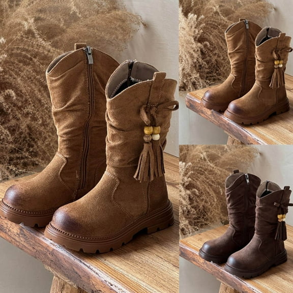 Lovzfmll Boots for Girls, Vintage Tassel Slouch Winter Thick Sole Long Tube Beaded Boots, Fleece Lined Warm Mid Calf Boots for Toddler 3.5-4 Years, Khaki