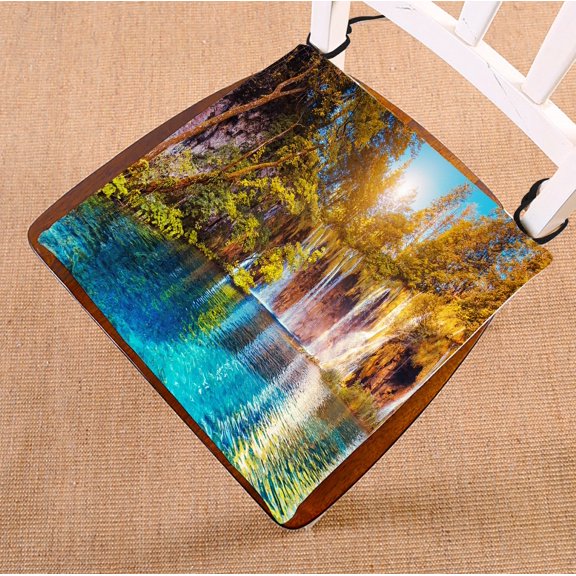 PHFZK Landscape Mountain Lake Chair Pad, Turquoise Waterfall at Sunny Day Seat Cushion Chair Cushion Floor Cushion Two Sides Size 16x16 inches