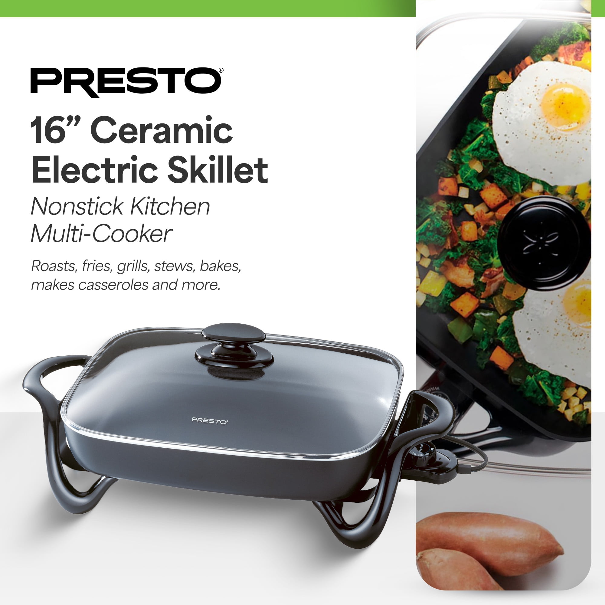 Presto 16 in Rectangular Electric Skillet with Glass Lid Non-Stick, Temperature Control