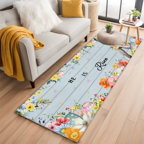 Easter 2'x6' Runner Rugs for Hallway Kitchen Bedside Non Slip Washable, Spring Farmhouse Bunny Flower Blue Wood Grain Entryway Rug Runners with Rubber Backing, Long Carpet Runner for Laundry Room