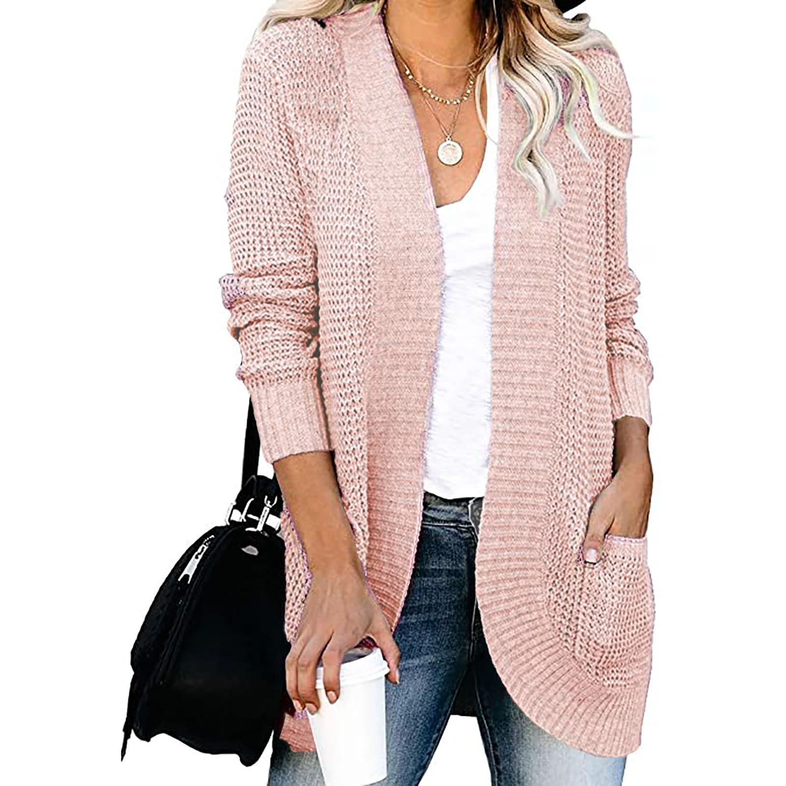 Women Casual Soild Long Sleeve Pocket Plush Long Knit Cardigan Sweater  221130 - Walmart.com