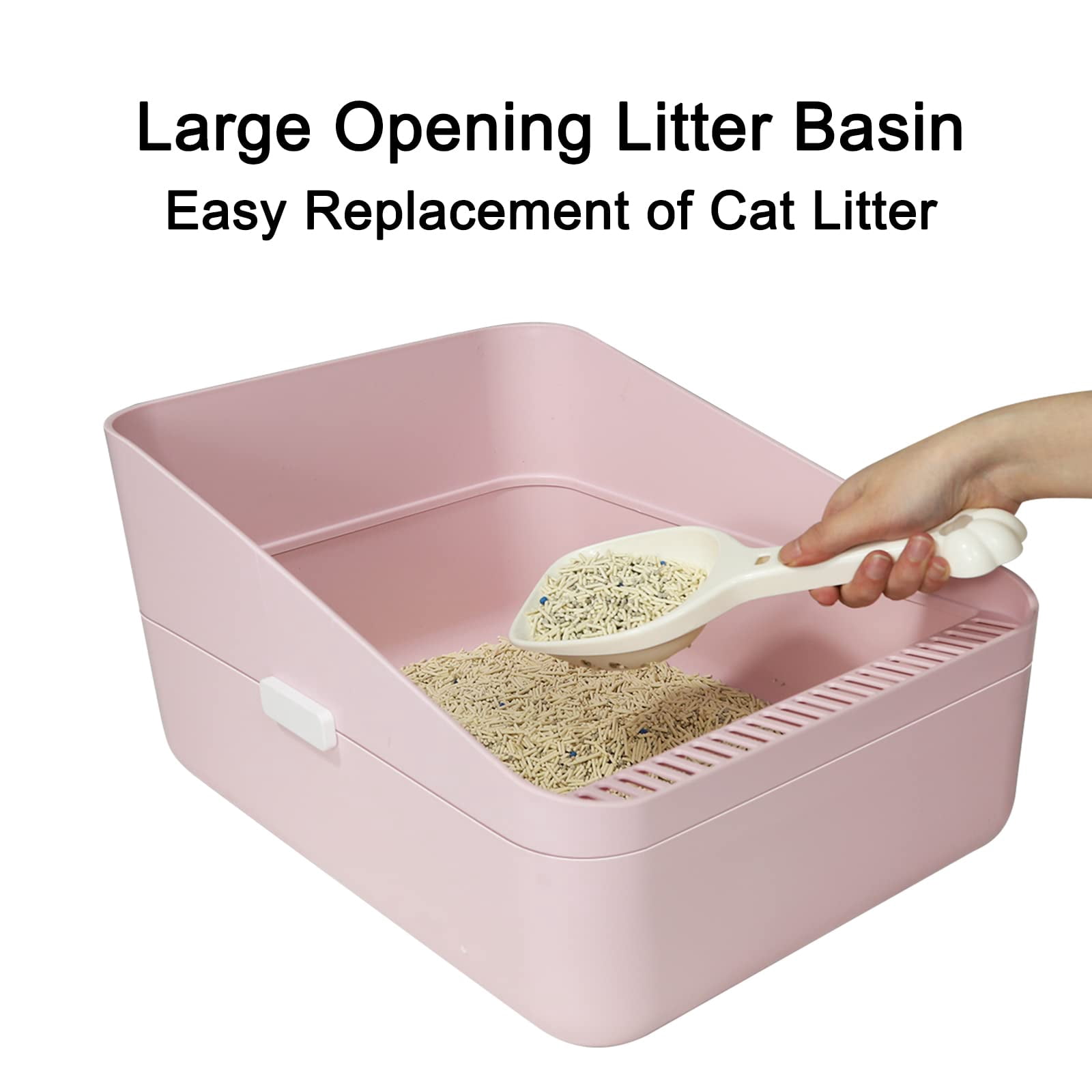 Open High-sided Litter Box: Pink Medium Anti-scatter Design - Self-cleaning Sifting Tray Low Tracking For Small Cats
