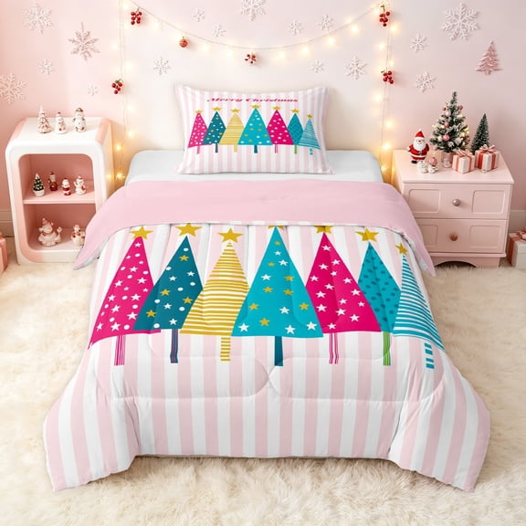 Erosebridal Striped Tree Twin Comforter Sets, Pink Holiday Bedding Set, White Pink Cyan, Pink Reversible, 2-Piece, 1 Comforter and 1 Pillowcase