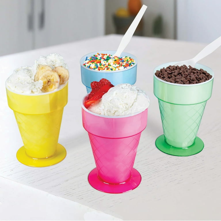 Collections Etc Colorful Double-Wall Insulated Ice Cream Cups - Set of 4 |  Cone-Shaped Cups - Strawberry Pink, Blue Moon, Mint Chip Green, Banana