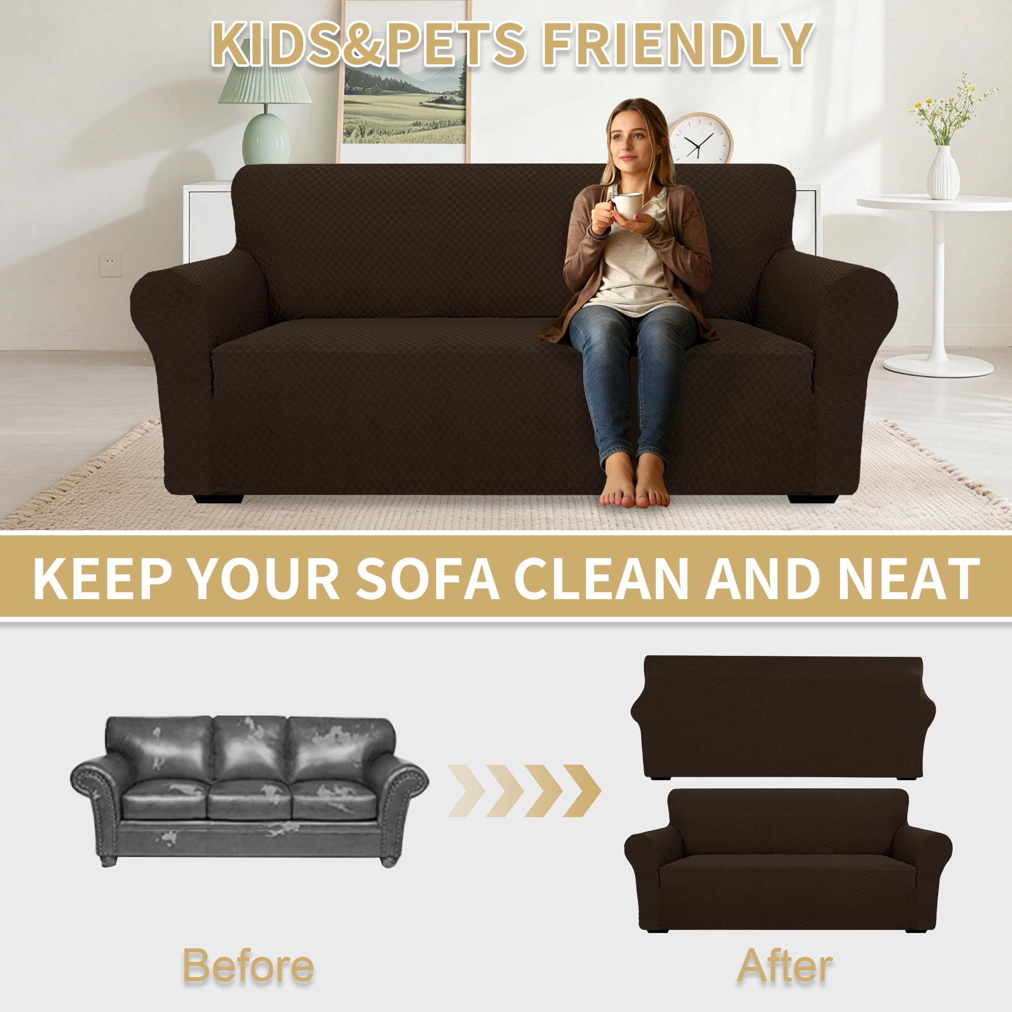 JIATER 1-Piece Armchair Sofa Cover Stretch Couch Cover Washable Sofa Slipcover Non-Slip Furniture Protector,Dark Coffee