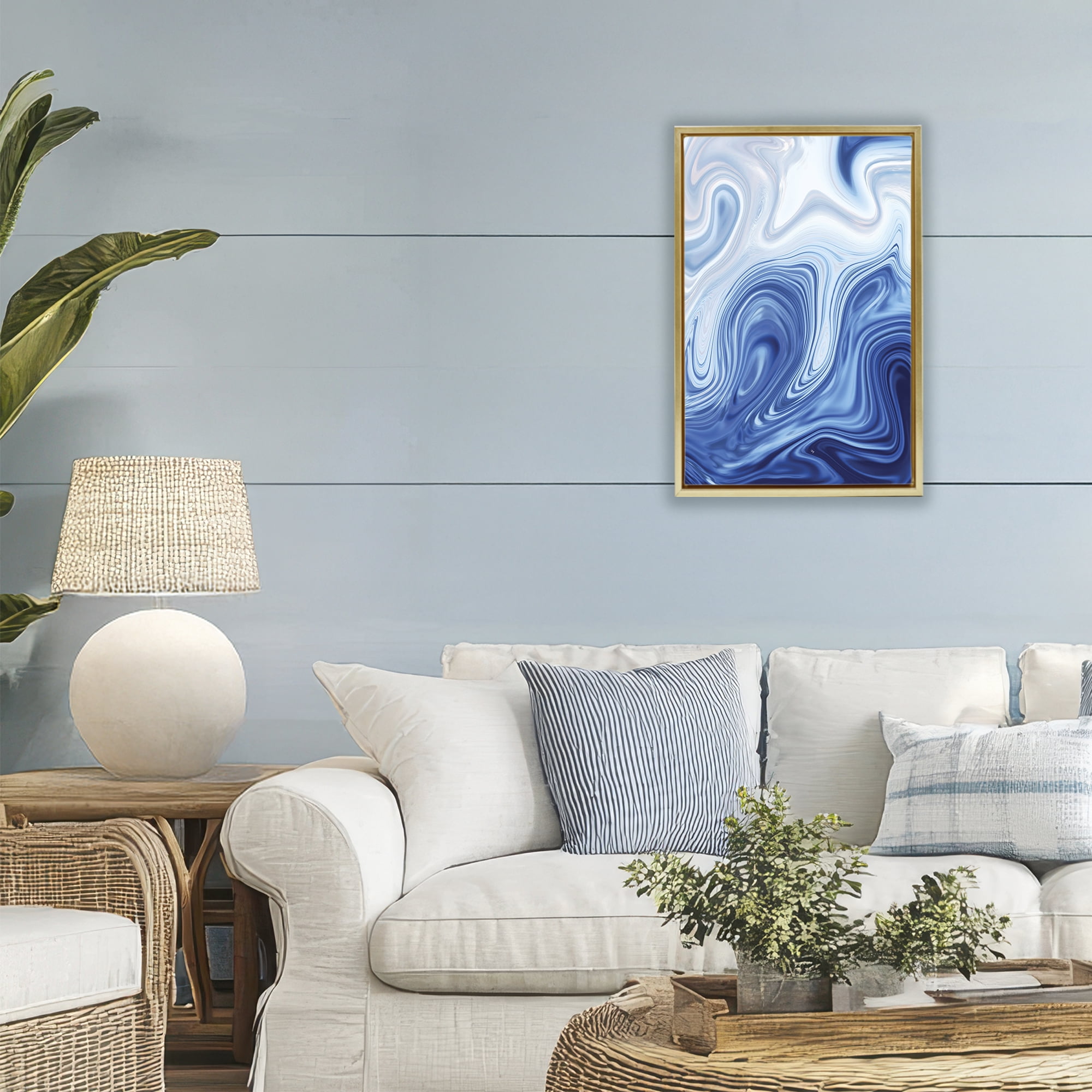 Stupell Industries Blue Marble Fluidity Gold Framed Floater Canvas Wall Art, design by Martina Pavlova