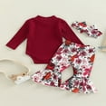 thumbnail image 4 of MesaSe Infant Girl Autumn Clothes Set  Solid Color Ribbed Long Sleeve High Neck Romper + Flower Leaf Print Flare Pants + Headband, 4 of 9