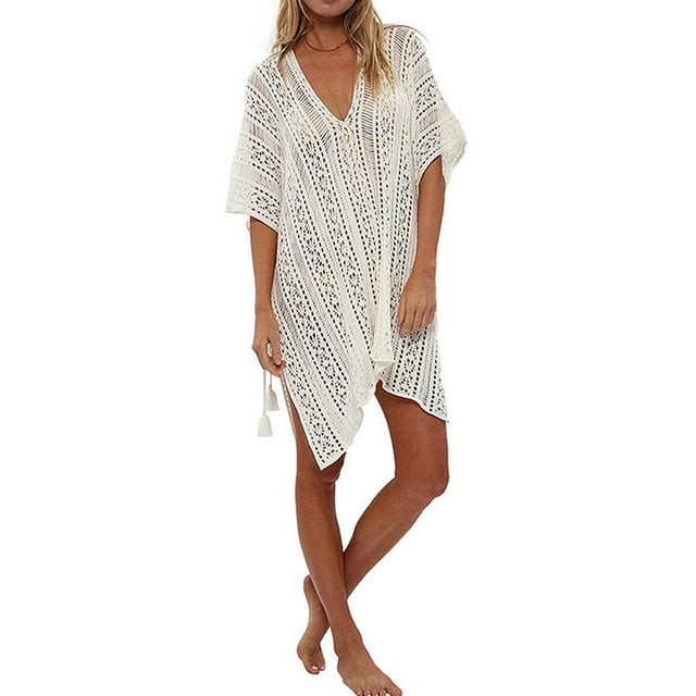 Ropa de playa BLESIY Crochet Beige Vestido de playa con cuello en V