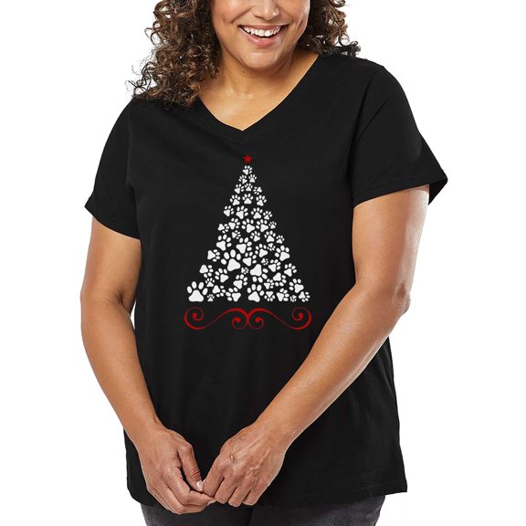 Paw Christmas Tree - Women's Plus Size Word Art V-Neck