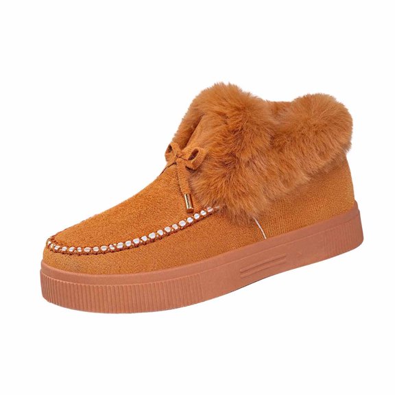 Xfvqtps Womens Lace up Snow Boots Fleece Lined Flat Shoes Round Toe Winter Casual Shoes Non Slip Sole Thick Soled Brown
