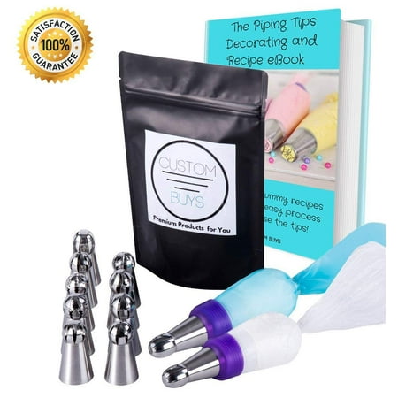 Piping Tips 21 PC Kit: (Ball Tip Set), Cupcake Kit, Icing Nozzle, 9 Tips, 1 Reusable Pastry Bag, 1 Coupler, 10 Pastry Bags, eBook Guide w/ Recipes - Great for Cake / Cupcake Decorating